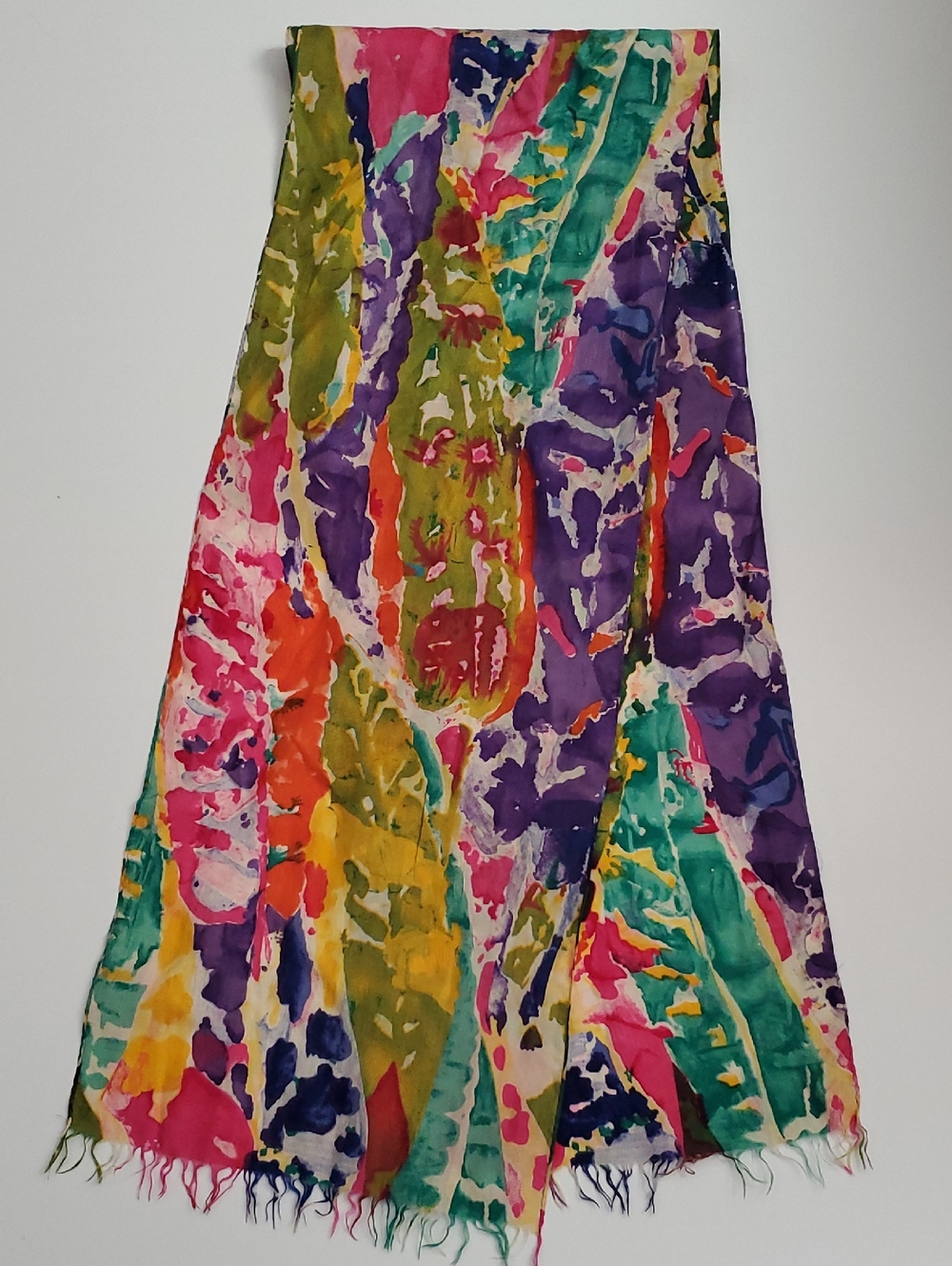 Women's Silk? Scarf COLORFUL Batique Tie Dye Fringe 76 x 10" RECTANGLE